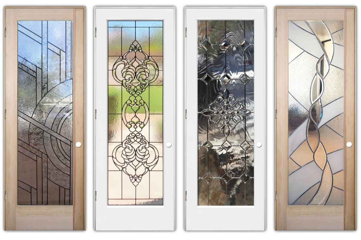Decorative pantry doors with mixed materials and decorative glass panels: geometric, stained-glass, wavy, and abstract designs