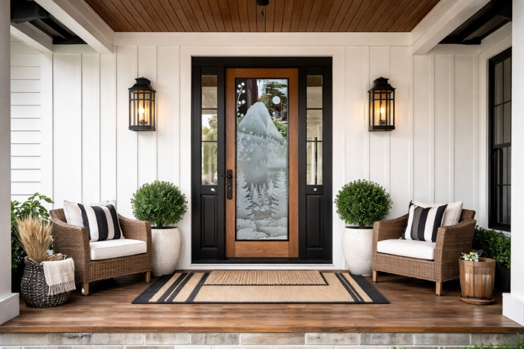 Farmhouse front porch with a fiberglass front door featuring a scenic frosted glass design and black sidelights