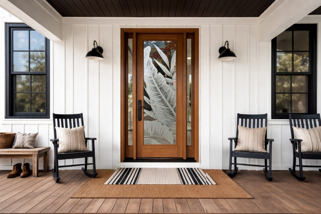 Modern farmhouse front porch with a wood front door featuring a full-lite frosted glass panel etched with a tropical leaf design, black sconces, white board-and-batten walls, and black rocking chairs