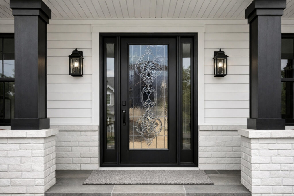 Modern transitional front porch with a black fiberglass front door featuring full beveled glass, white siding, black columns, and black lantern lights in a clean black-and-white design