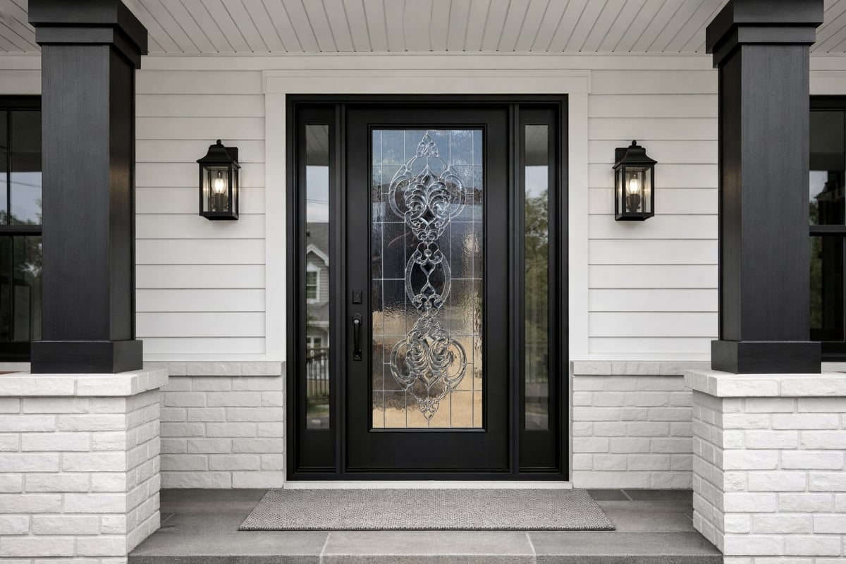 Modern transitional front porch with a black fiberglass front door featuring full beveled glass, white siding, black columns, and black lantern lights in a clean black-and-white design