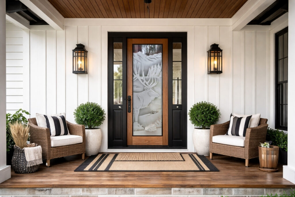 Modern farmhouse front porch with a fiberglass front door featuring a full-lite frosted glass panel etched with an Elk design, white board-and-batten walls, and chairs.