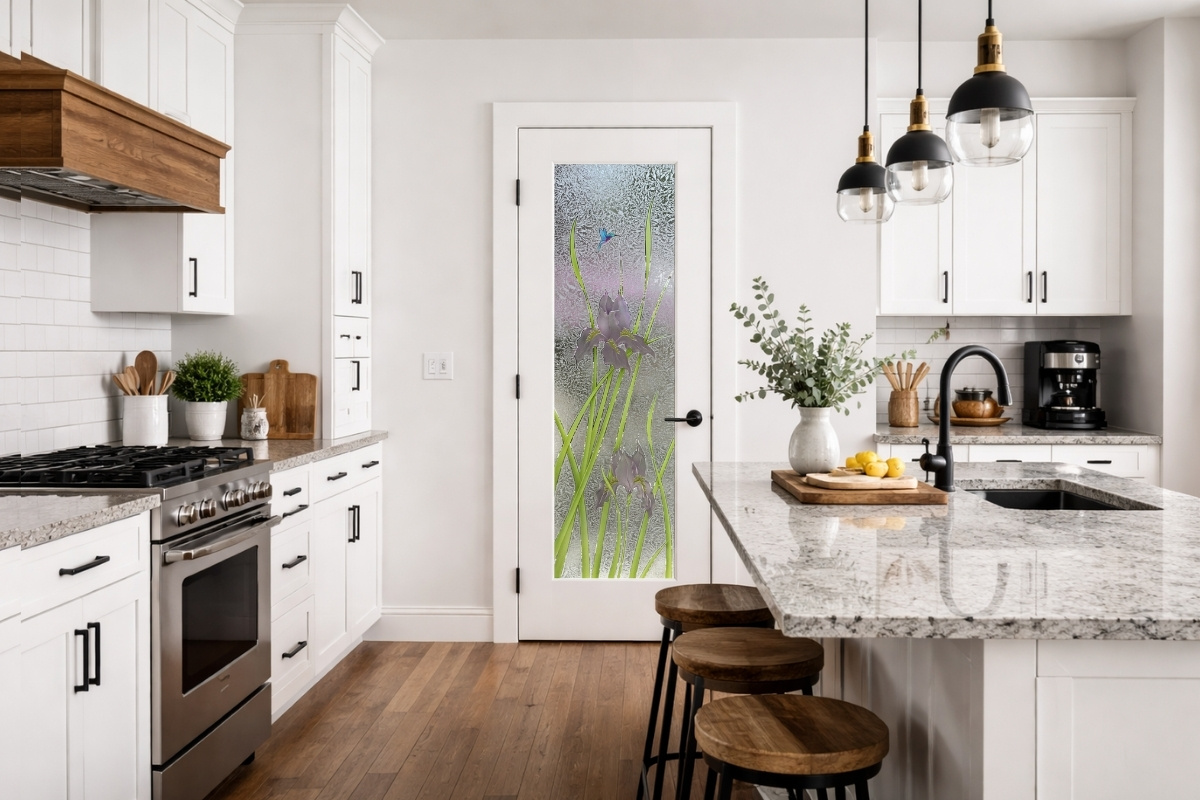 Modern farmhouse kitchen featuring a timeless and hard-wearing glass pantry door design Iris Hummingbird
