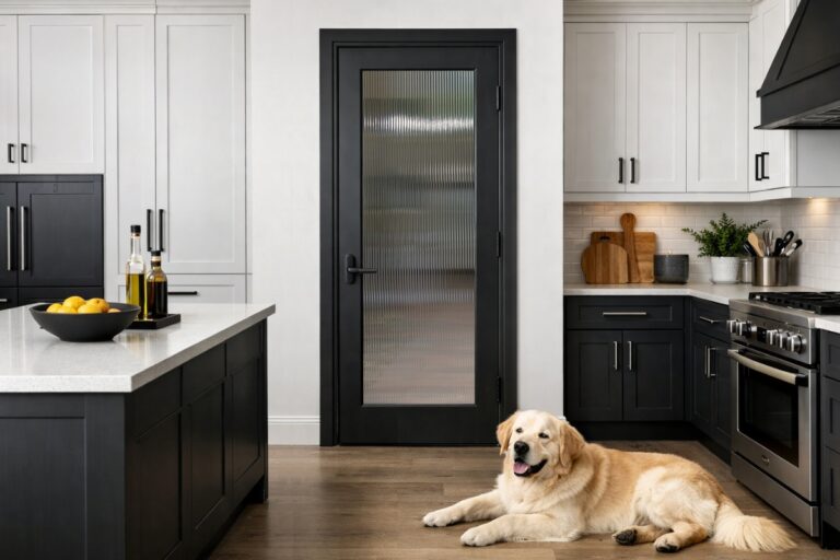 Black pantry door with reeded glass in a minimalist contemporary kitchen, featuring black and white cabinetry, wood floors, and a relaxed golden retriever lying nearby
