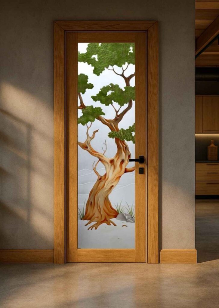 Beautiful frosted glass interior door featuring the 3D carved shaded and painted Bonsai