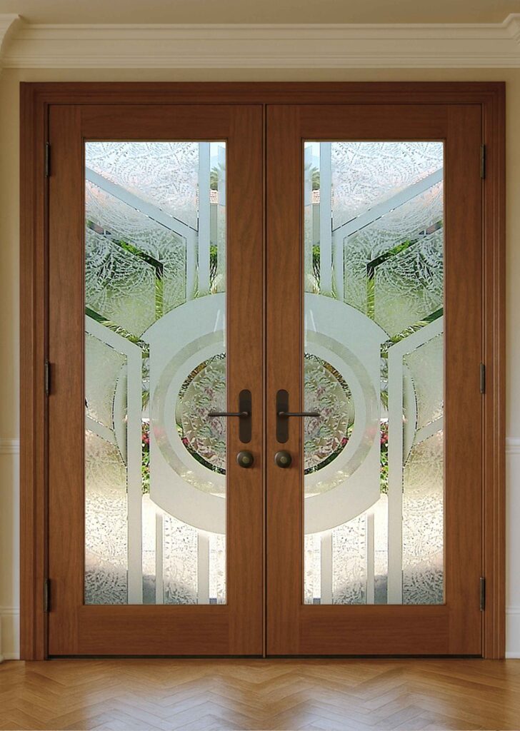 Inside doors with frosted glass featuring Sun Odyssey in gluechip finish