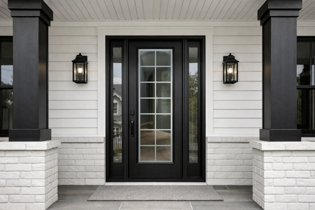 Black front door with decorative glass panel in a modern contemporary style home