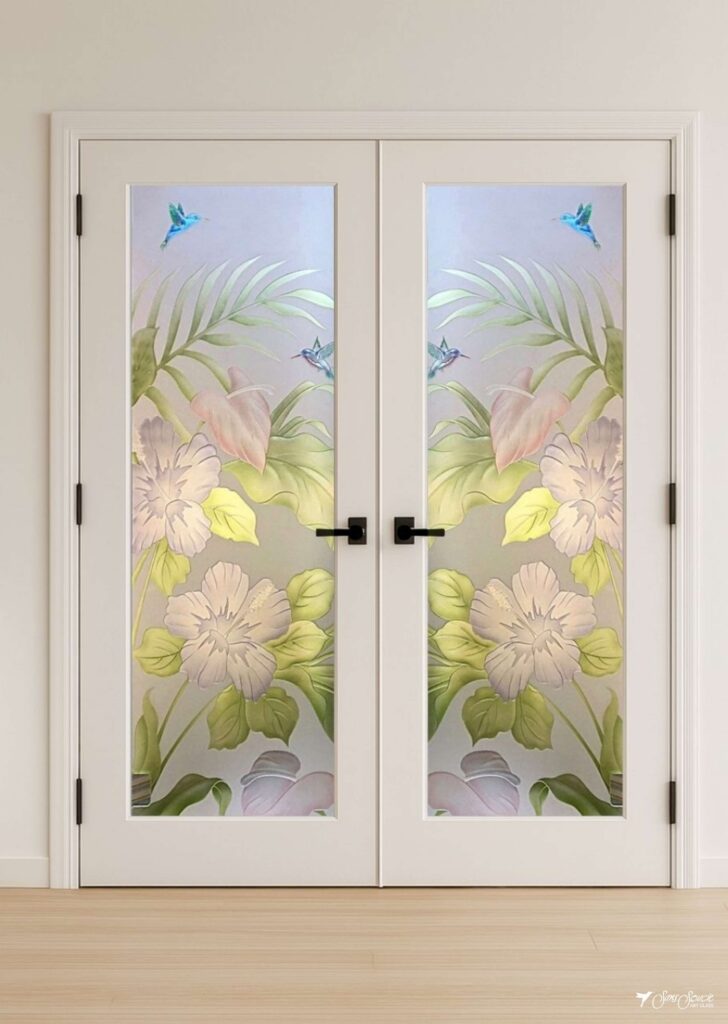 Stunning interior doors with frosted glass featuring 3D carved and painted Hibiscus Anthurium design