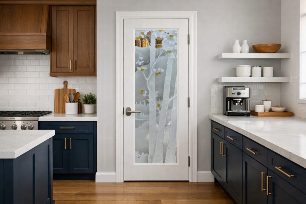 White pantry door with hand-painted 3D carved frosted glass featuring a birch tree forest design, set in a traditional kitchen with navy cabinets and warm wood accents