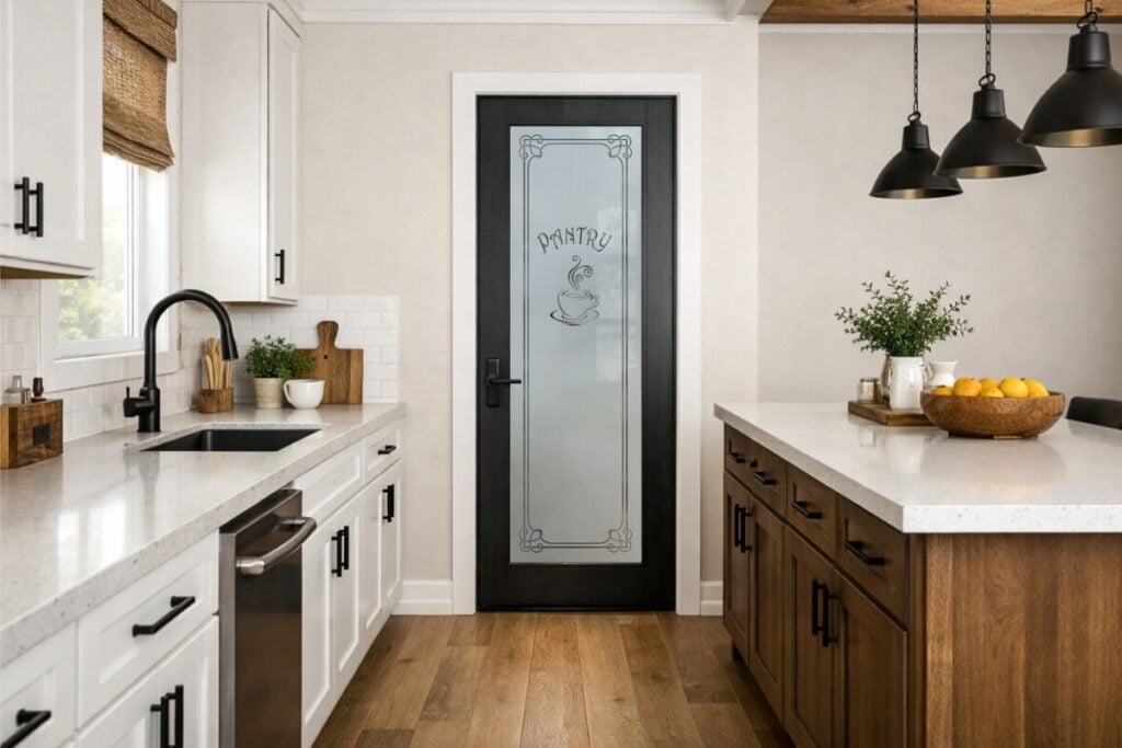 Modern farmhouse kitchen featuring a frosted glass pantry door with a black frame, centered at the end of a walkway between a wood kitchen island and white sink countertops