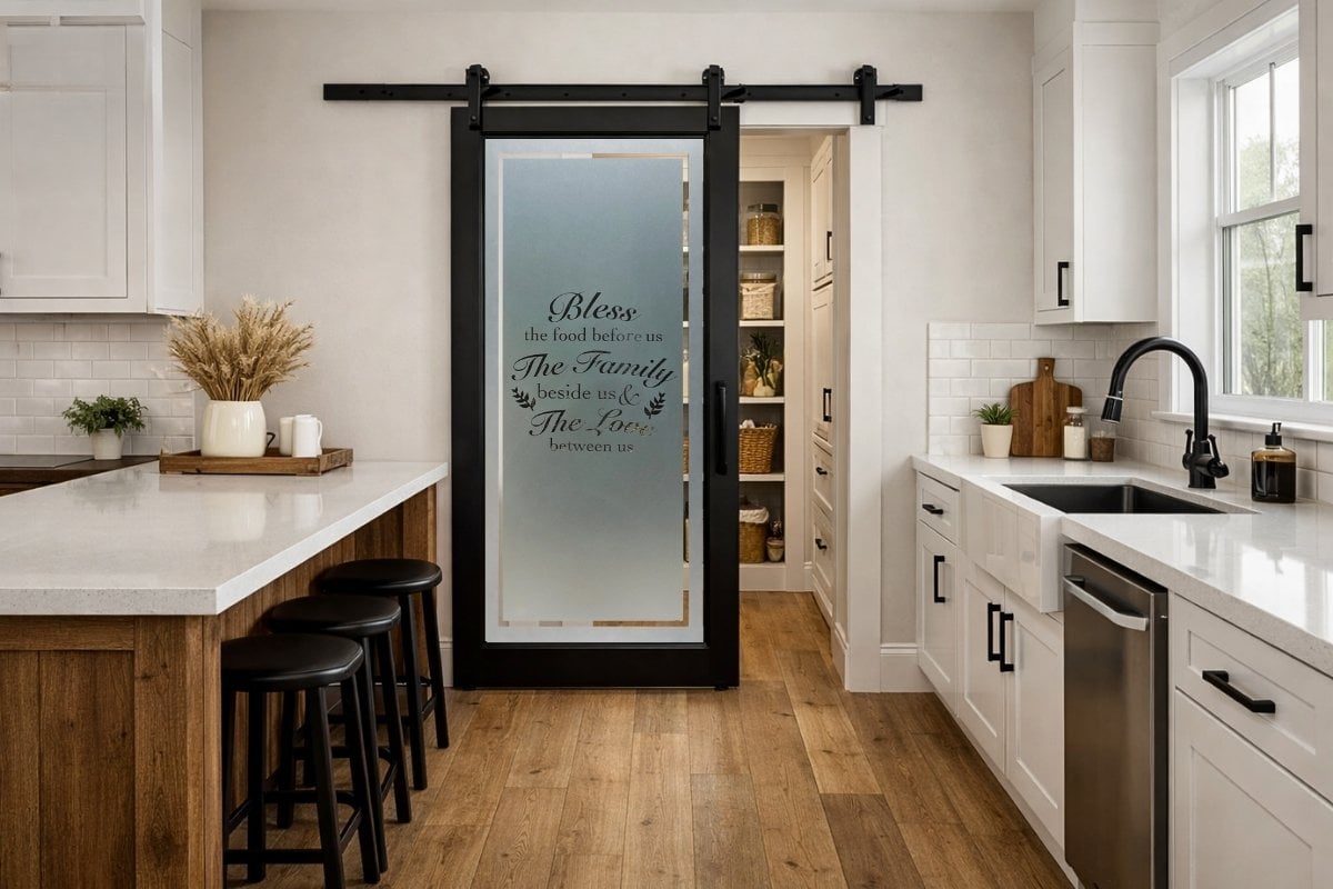 Modern farmhouse kitchen with a black sliding glass barn door pantry featuring a frosted glass panel with a family blessing design, wood island, white cabinets, and black accents