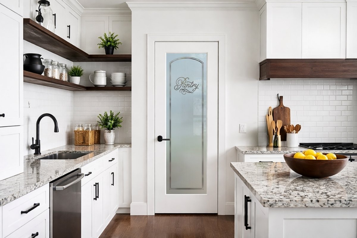 Frosted glass pantry door with etched text Pantry