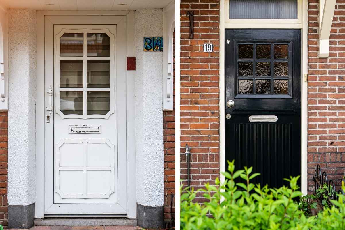 White and black exterior dutch doors with divided glass panels set in brick and stucco fa&ccedil;ades, classic door art ideas for decorative front doors.