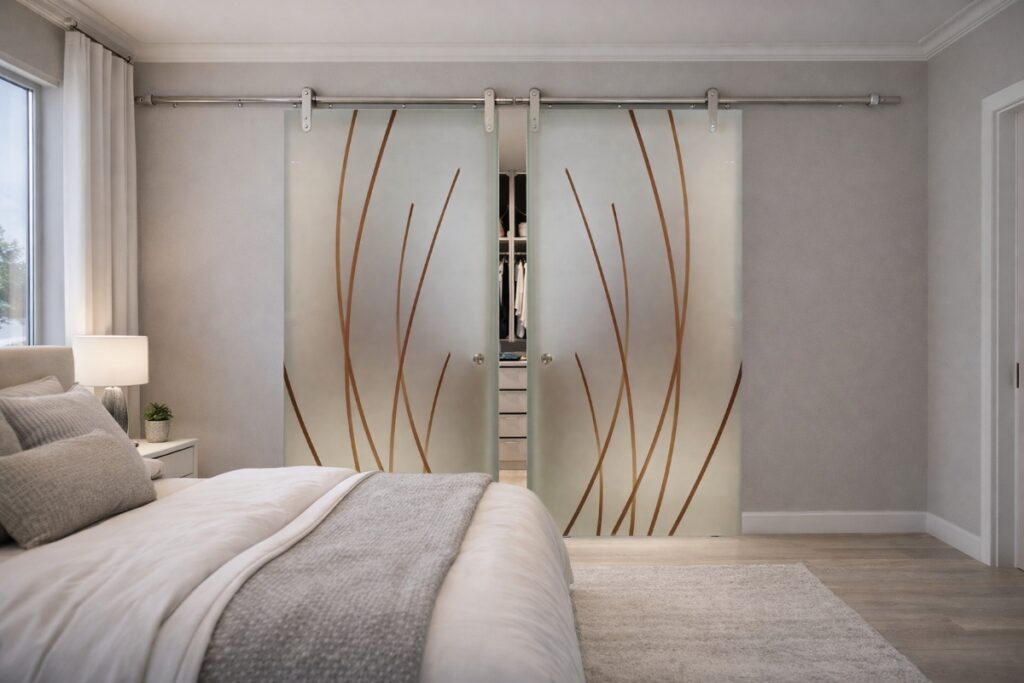 Modern master bedroom featuring private frosted glass barn doors for closets, concealing a walk-in closet behind fully opaque sandblasted glass panels