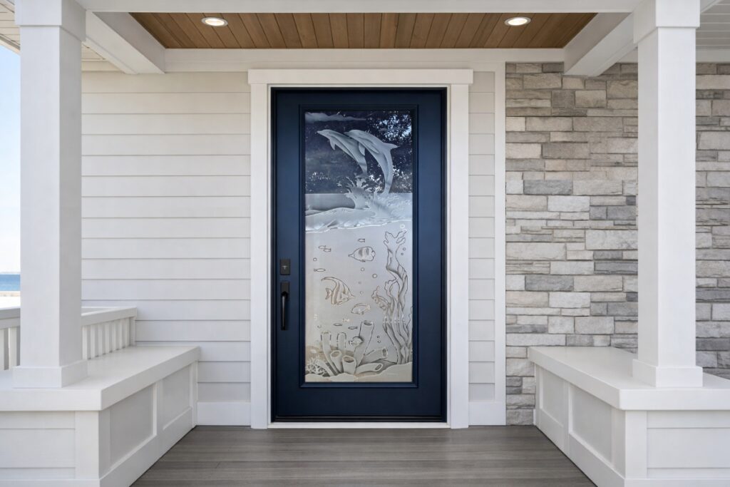 Coastal home frosted glass front door with glass design Aquarium Dolphins