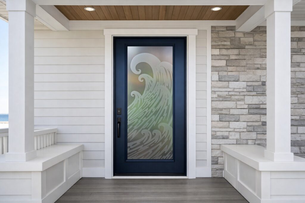 Coastal home frosted glass front door