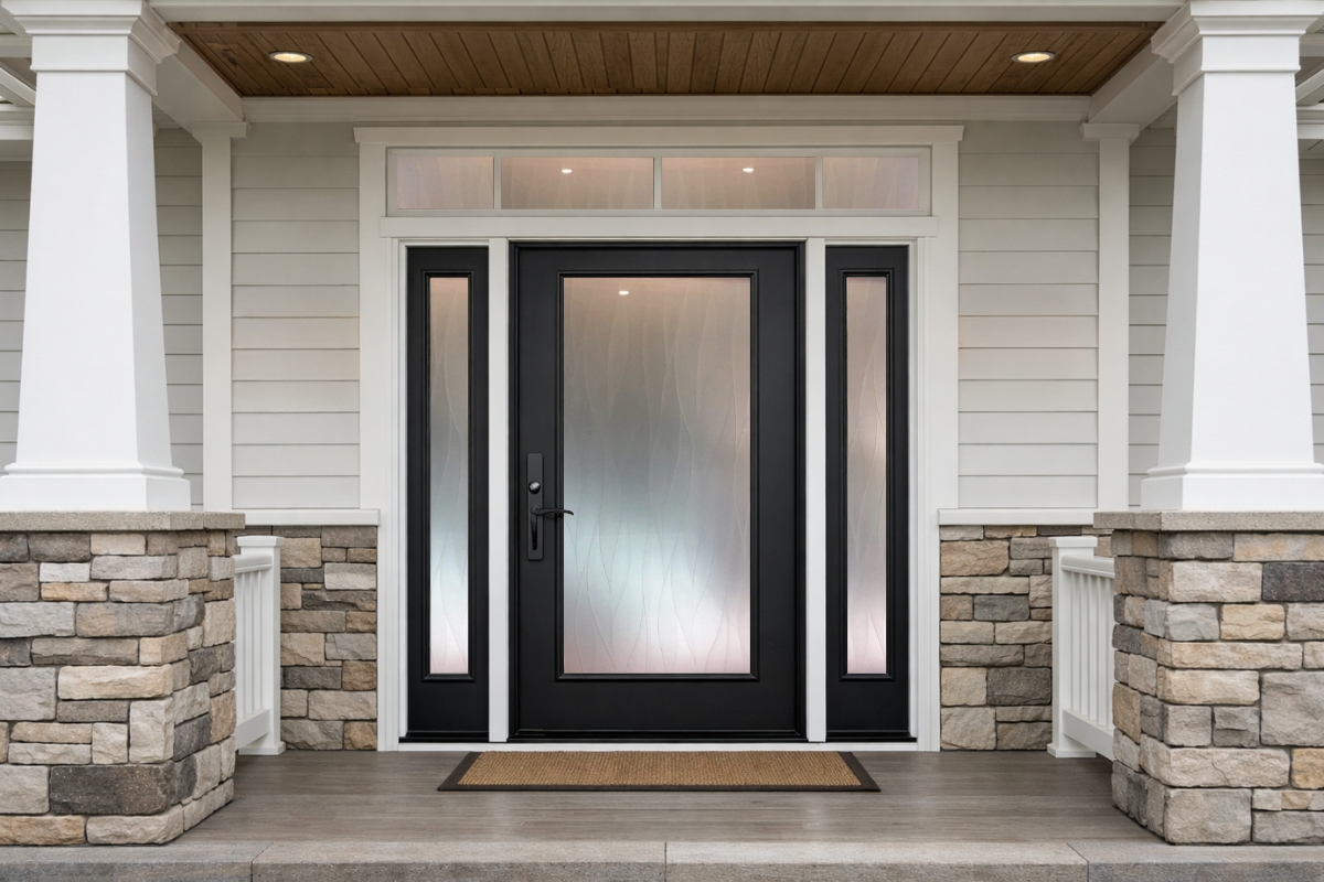 Black front door with frosted glass panel and sidelights offering high privacy and natural light