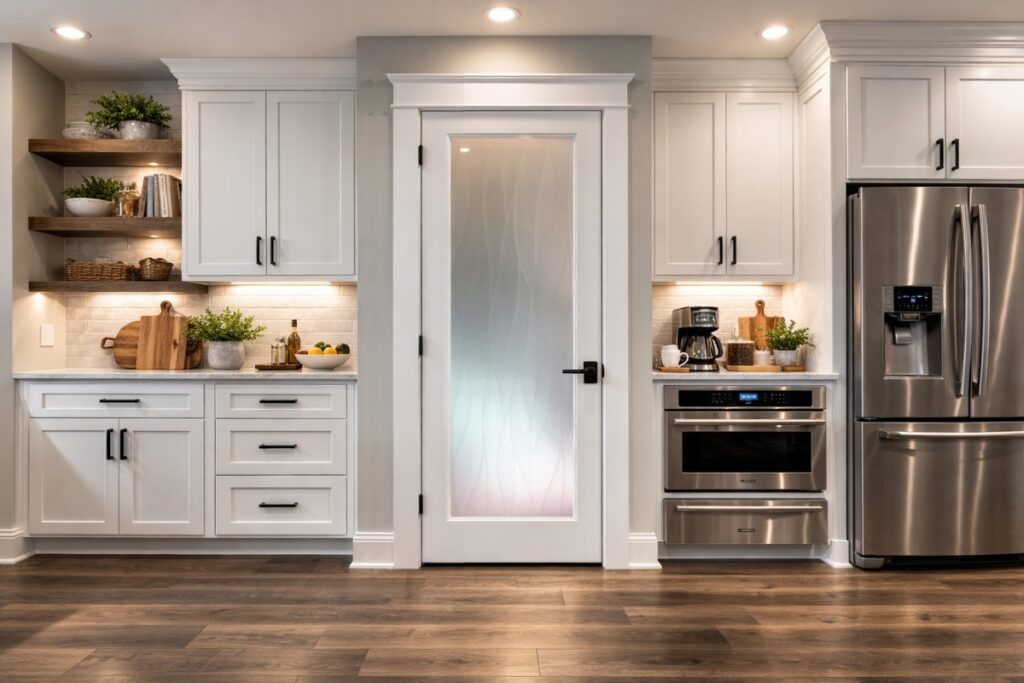 Frosted glass interior door for traditional kitchens