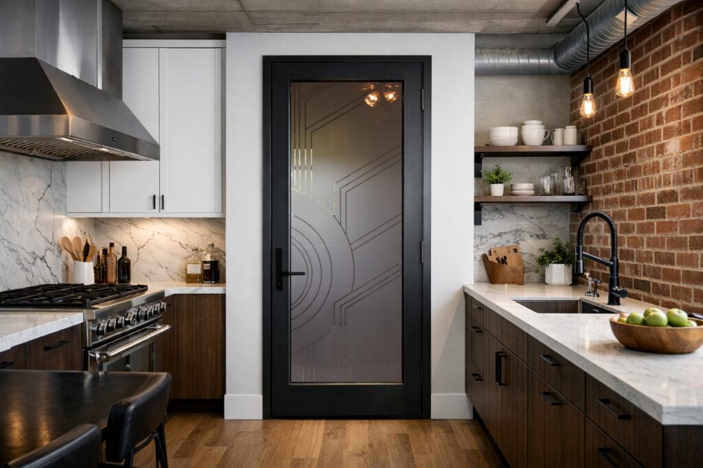 Black framed frosted glass pantry door with modern pinstripe etched design in an industrial kitchen with brick wall and marble countertops.