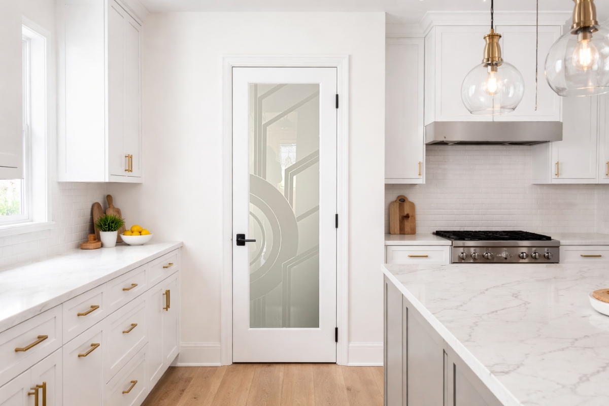 Modern glass pantry door with geometric Sun Odyssey design in a bright contemporary kitchen with gold hardware and marble island.