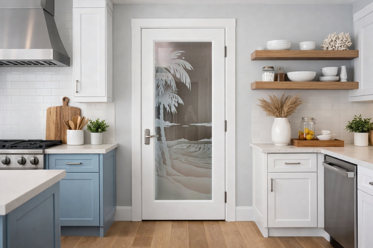 Frosted glass door with palm tree design in a coastal kitchen
