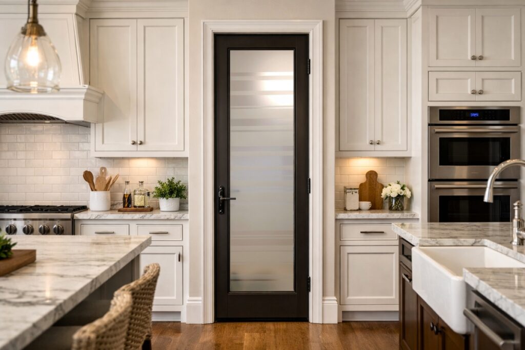 Slim full-glass pantry door in a huge traditional new construction kitchen with white cabinetry, marble countertops, and warm hardwood floors.