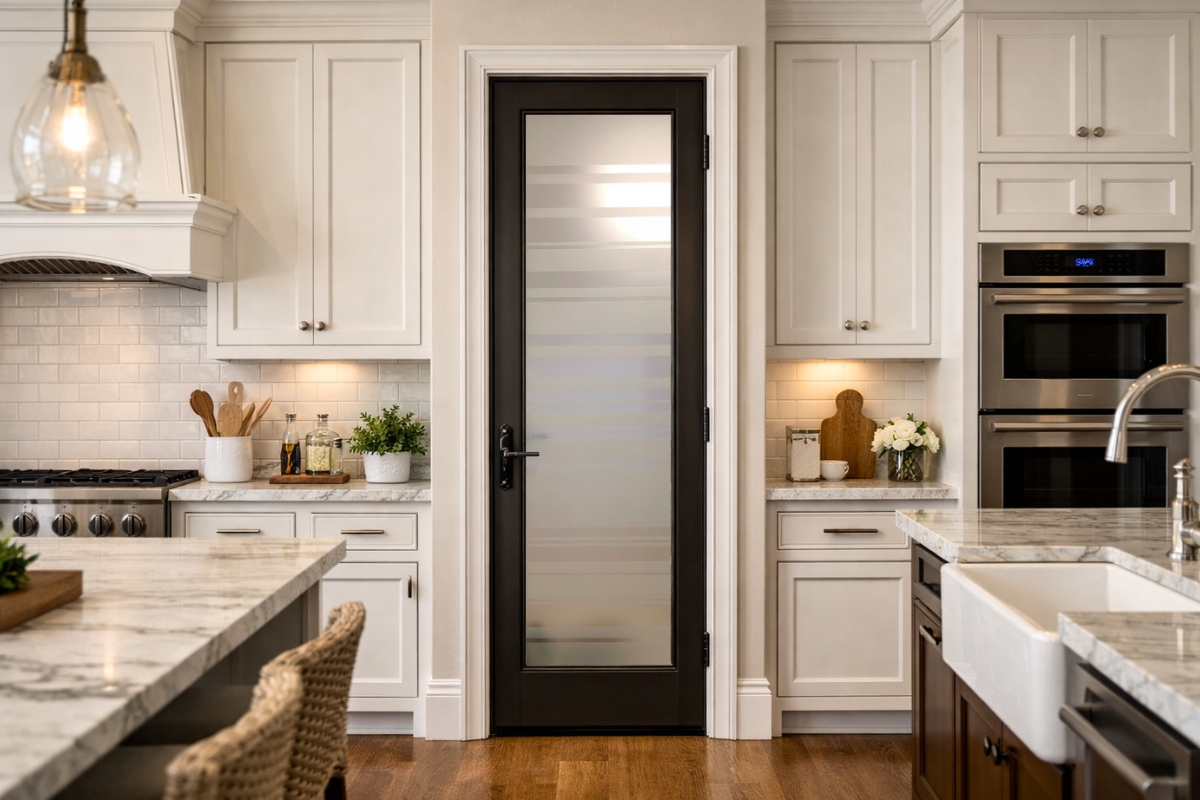 Slim full-glass pantry door in a huge traditional new construction kitchen with white cabinetry, marble countertops, and warm hardwood floors.