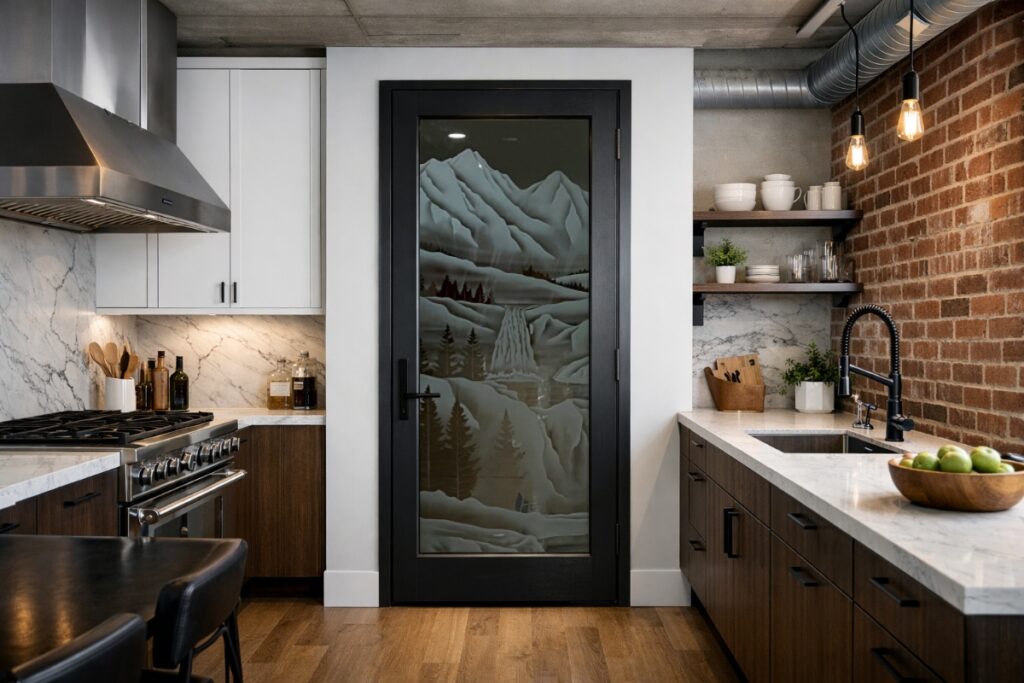 Black frosted glass pantry door with 3D carved mountain landscape design in a modern industrial kitchen with brick backsplash and wood cabinetry.