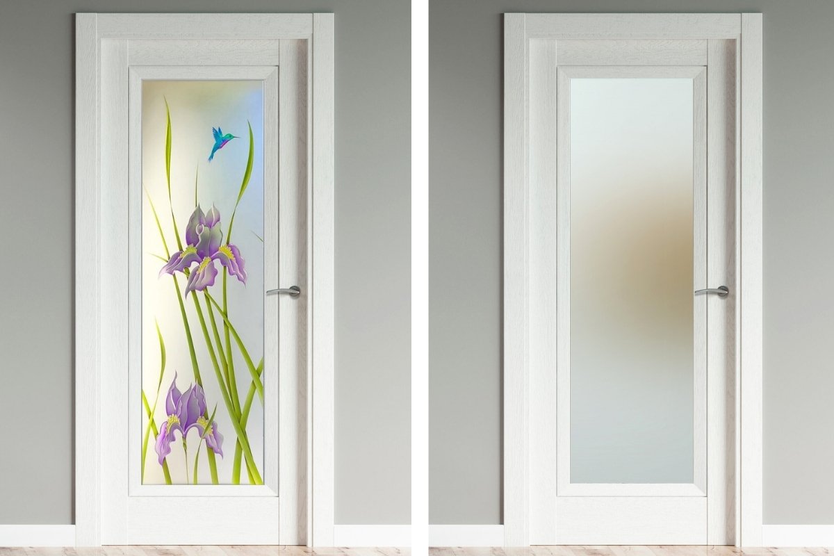 A side-by-side comparison of a Sans Soucie decorative etched glass door and a standard solid frosted glass door.