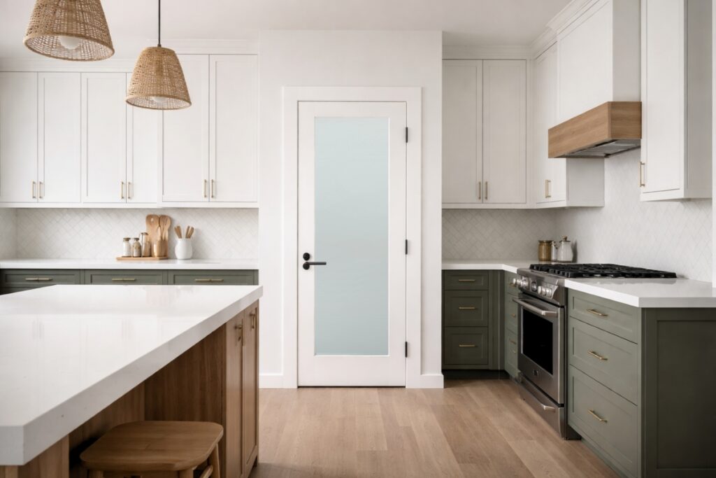 Solid frosted glass pantry room door for a clean aesthetic.