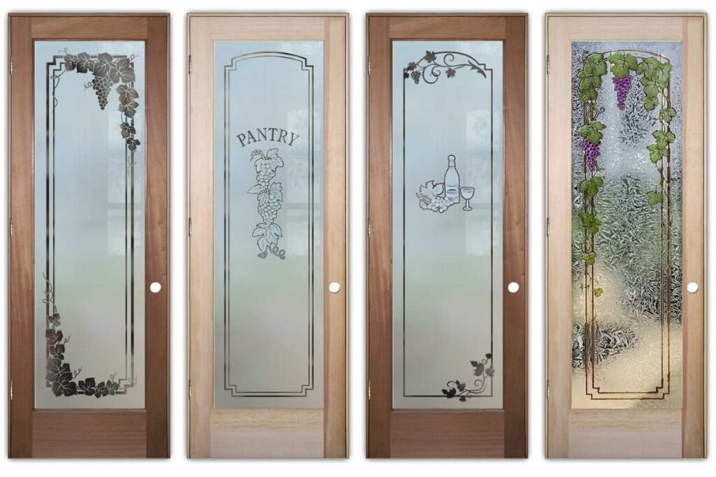 Etched glass pantry doors with grapevine, pantry lettering, and wine motif designs in unfinished natural wood prehung frames perfect for painted pantry doors
