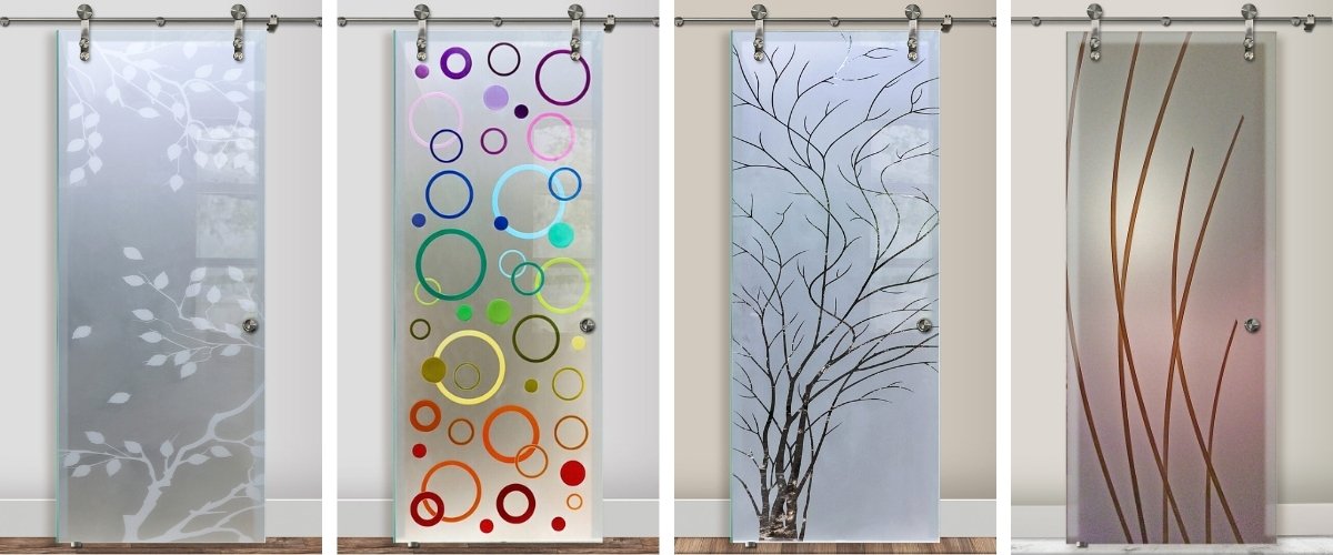 Etched and carved glass barn doors