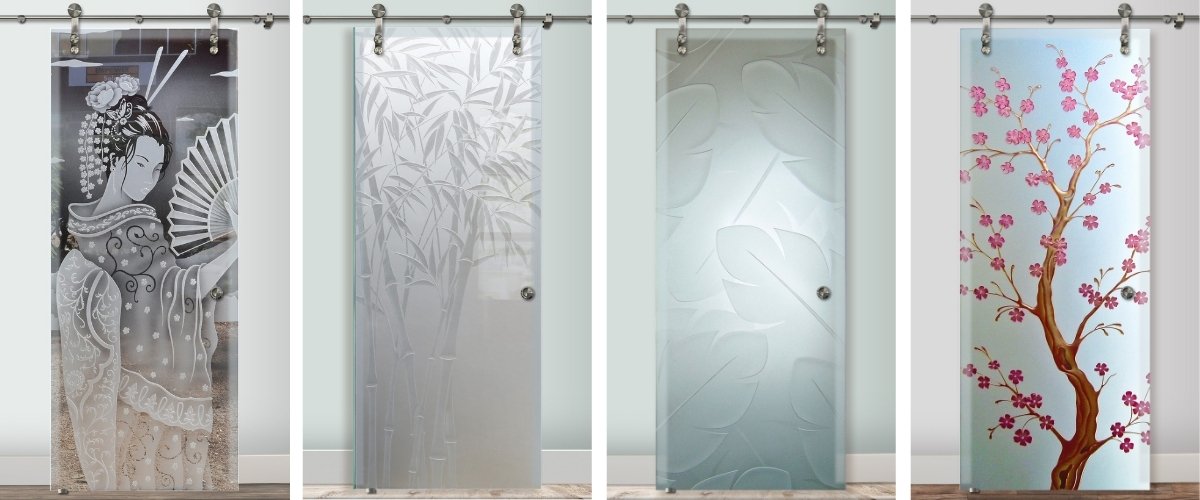 Etched glass barn doors with sandblasted designs