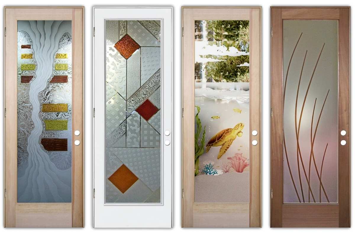 Frosted glass doors with carved designs that are durable and scratch-proof.