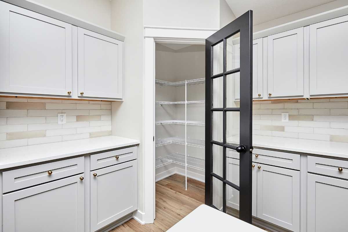 Empty pantry in modern kitchen with pantry door and clear glass panels