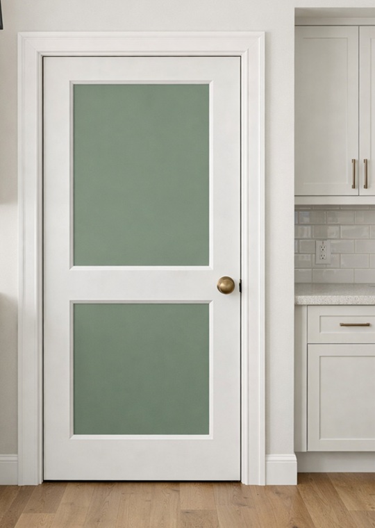 Two-tone pantry door with soft white frame with a muted sage center panels