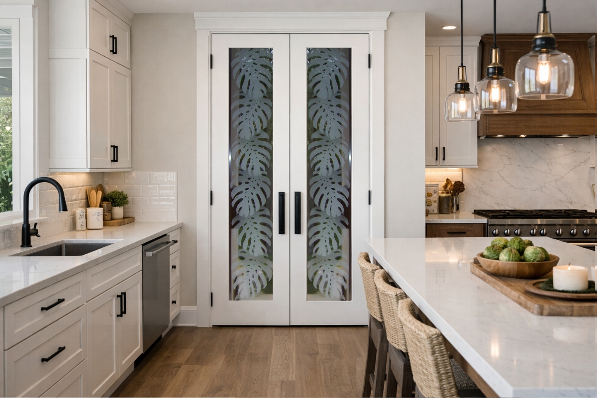 Narrow double pantry doors with 3D glass design Monsterra leaves