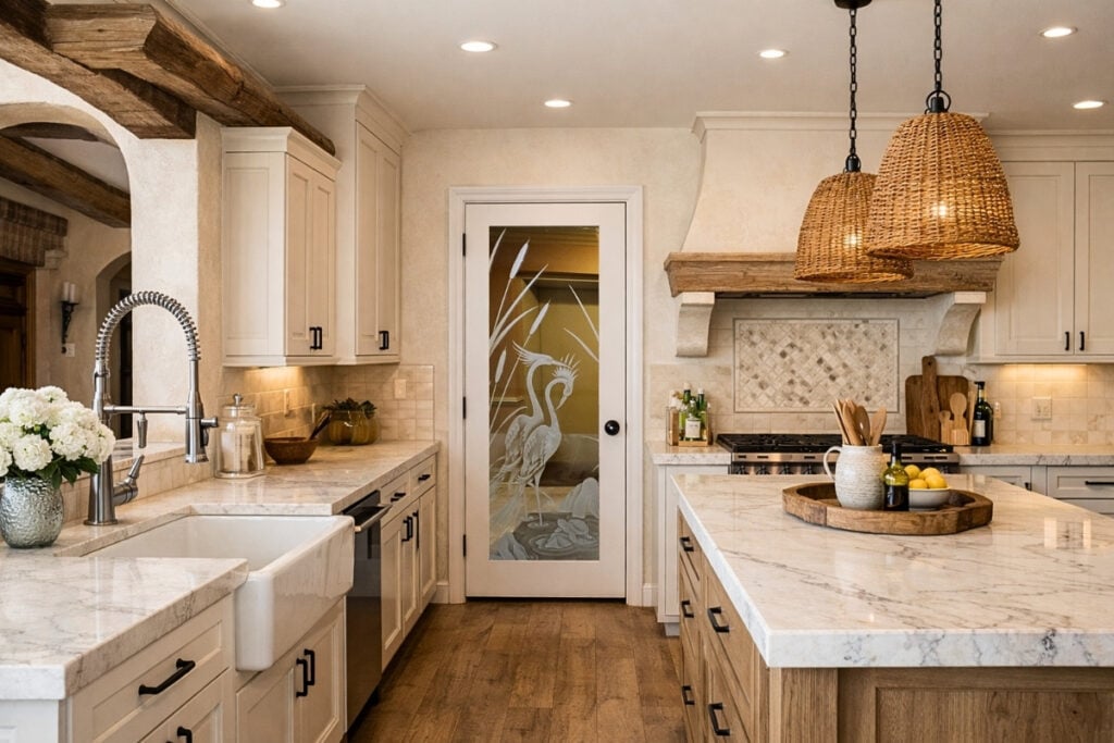 Charming farmhouse pantry door ideas for your kitchen - Sans Soucie Art Glass