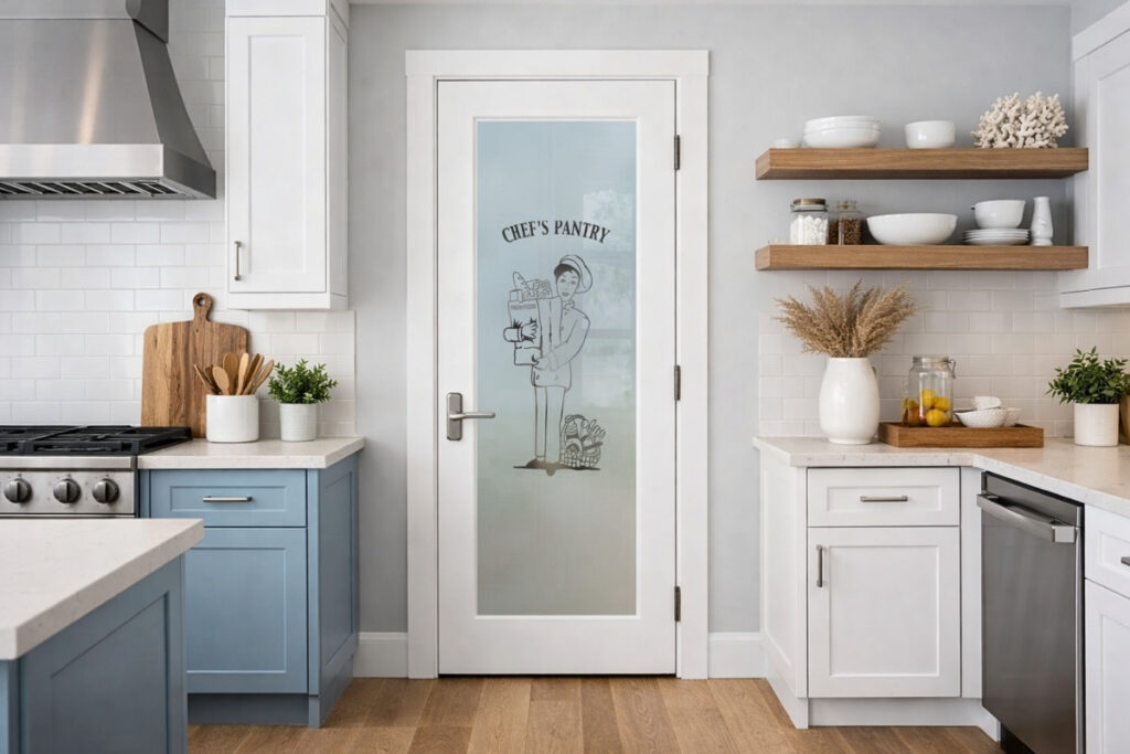 White painted pantry door with etched glass “Chef’s Pantry” design in a bright white and light blue coastal-style kitchen