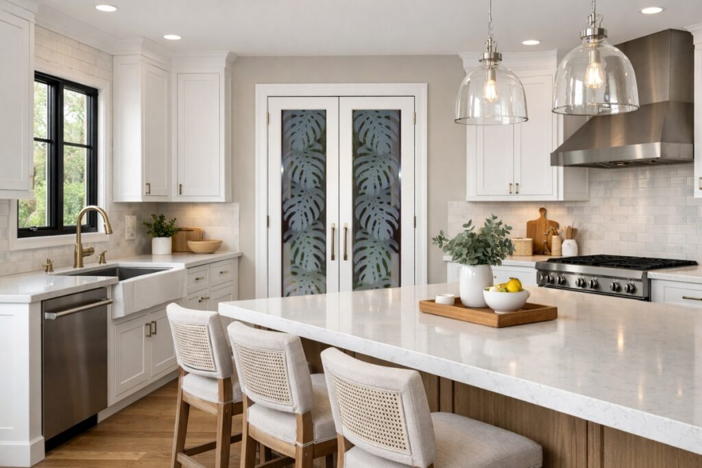 double pantry doors with frosted carved glass featuring large monstera leaf design in a contemporary kitchen