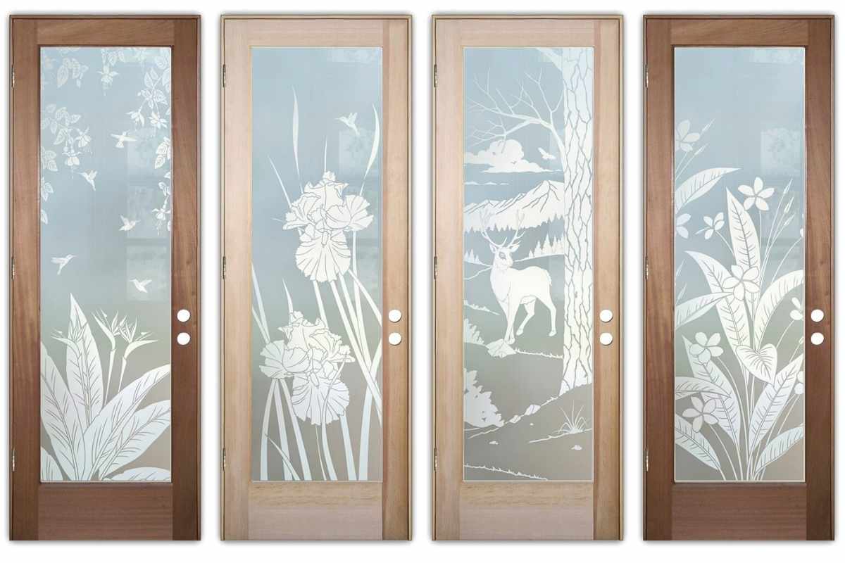 One-dimensional etched glass designs for doors