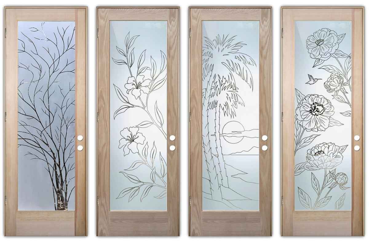 Semi-private etched glass panels featuring nature-inspired designs