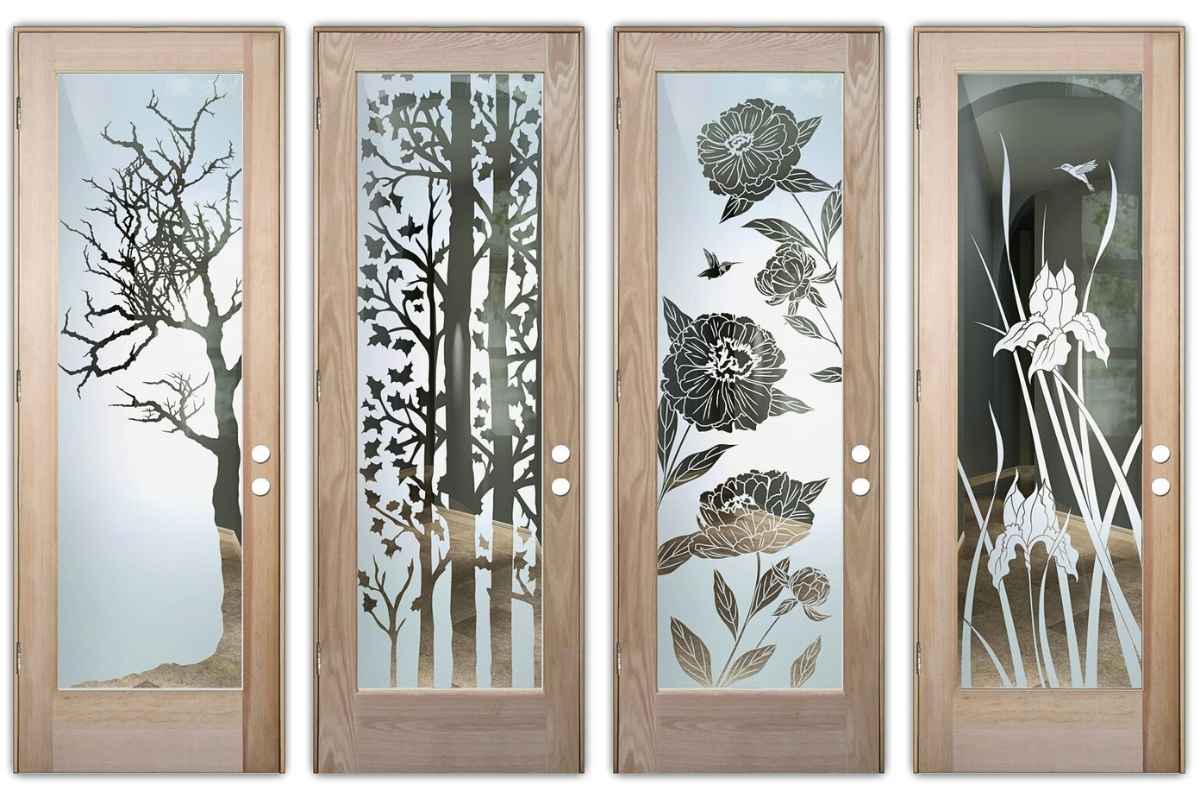 Glass doors with semi-private nature-inspired etched glass designs