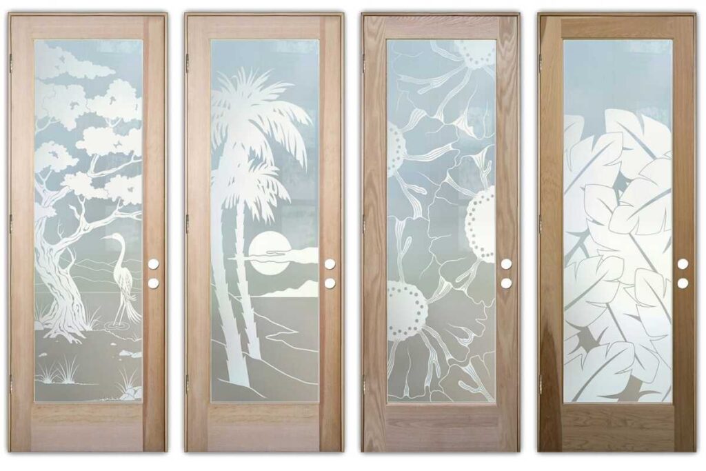 Interior glass doors with private etched designs