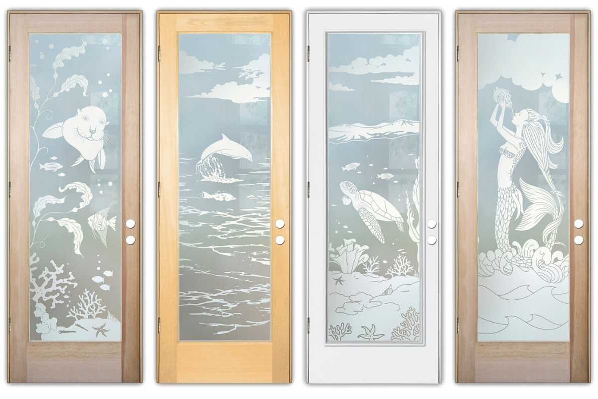 Private etched glass interior doors with ocean-inspired designs