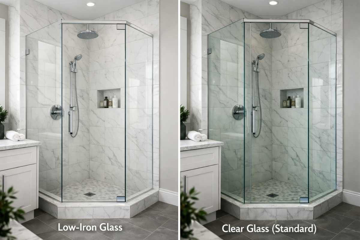 Side-by-side comparison of a corner shower with a low iron glass shower door versus a standard clear glass shower door showing the green tint difference
