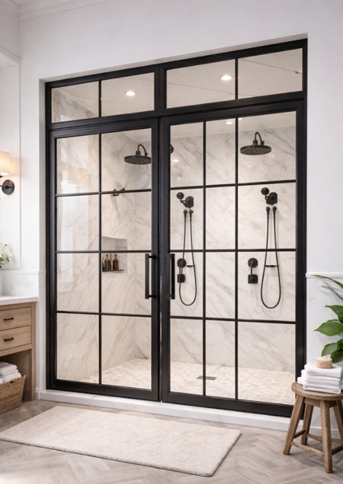 Grid panel french door style shower doors with black frame