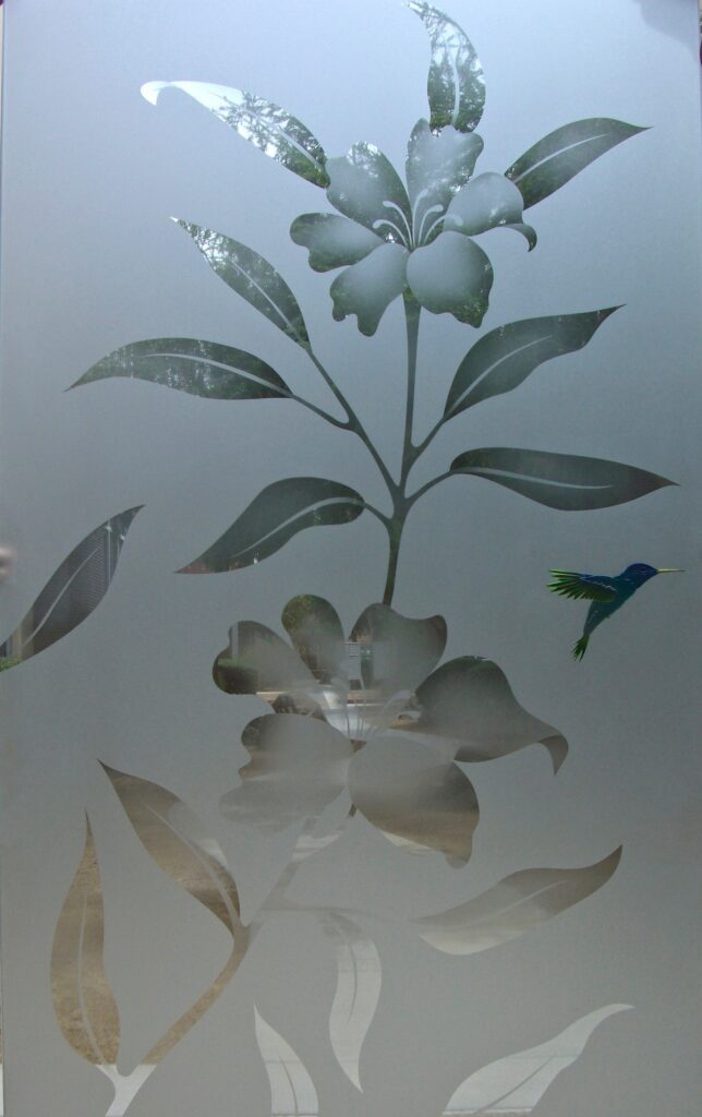 Close-up of Hibiscus and hummingbirds design on 2D enhanced frosted glass with semi-private privacy and hand-painted hummingbird.