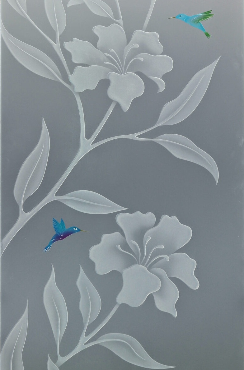 Close-up of Hibiscus and hummingbirds design on 3D enhanced frosted glass with high privacy and hand-painted hummingbirds.