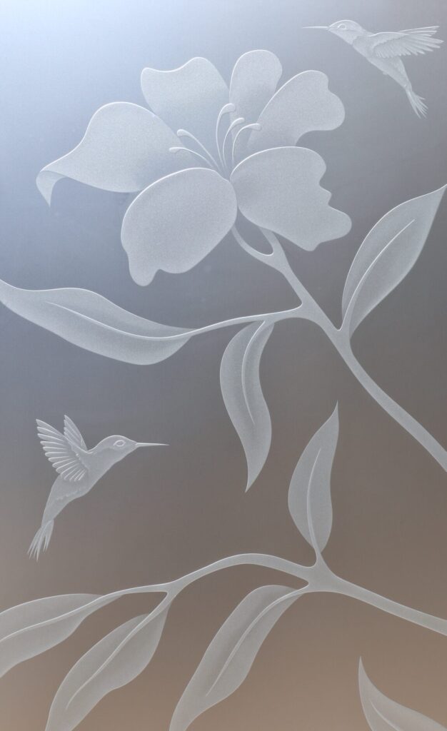 Close-up of Hibiscus flower on 3D enhanced frosted glass with high privacy and softly carved sandblasted petals.